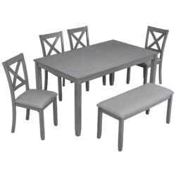 6 Pieces Kitchen Dining Set, Rectangular Wooden Dining Table With 4 Upholstered Chairs And A Bench, Dining Table Set For 6 People - Gray