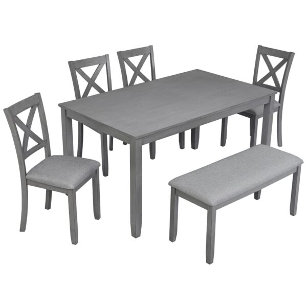 6 Pieces Kitchen Dining Set, Rectangular Wooden Dining Table With 4 Upholstered Chairs And A Bench, Dining Table Set For 6 People - Gray