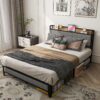 Full Size Bed Frame With Charging Station, American Design Upholstered Headboard, Metal Platform - Light Gray - Image 4