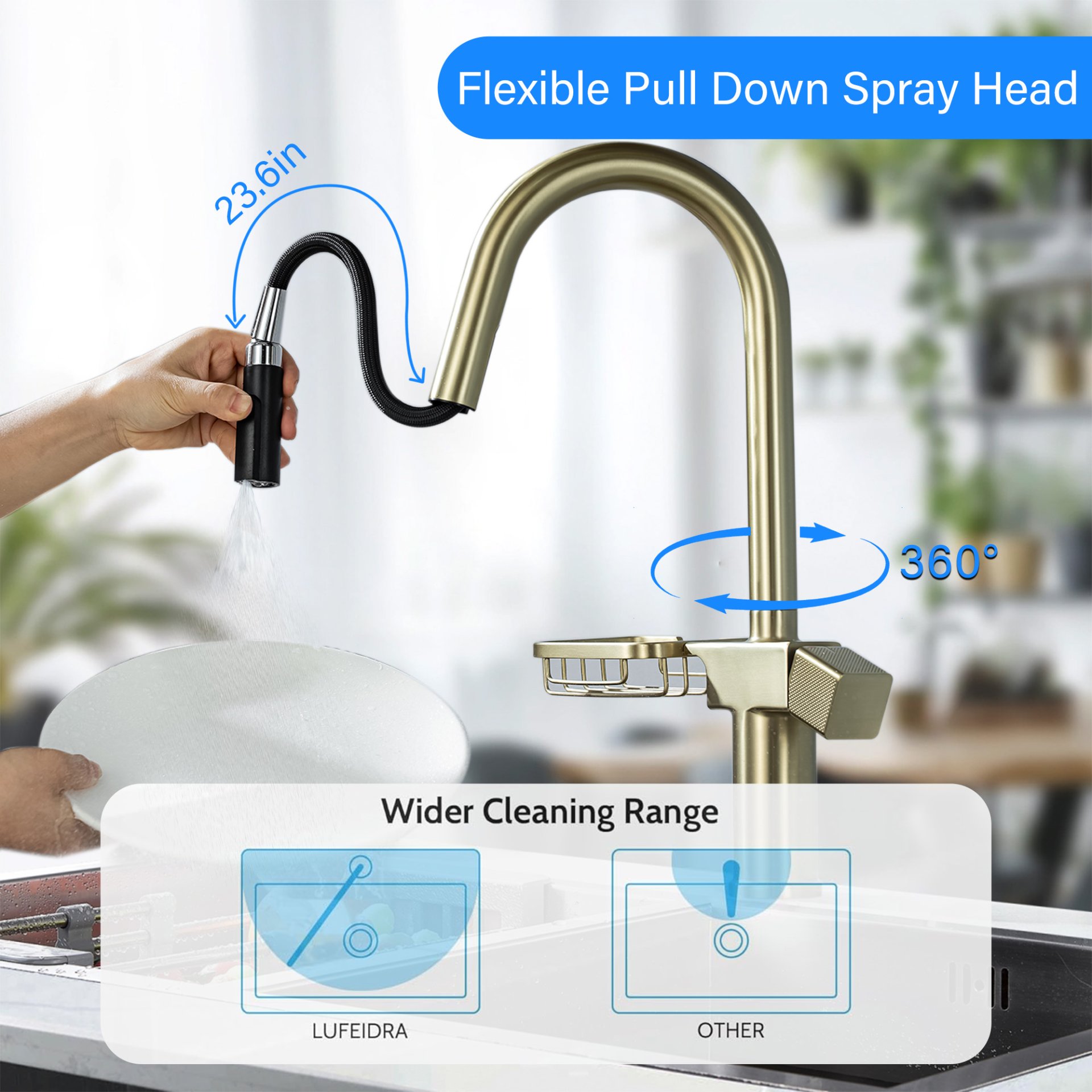 Cincosky - High Arc Pull Down Kitchen Faucet Single Hole Stainless Steel Sink Faucet - Brushed Gold - Image 4