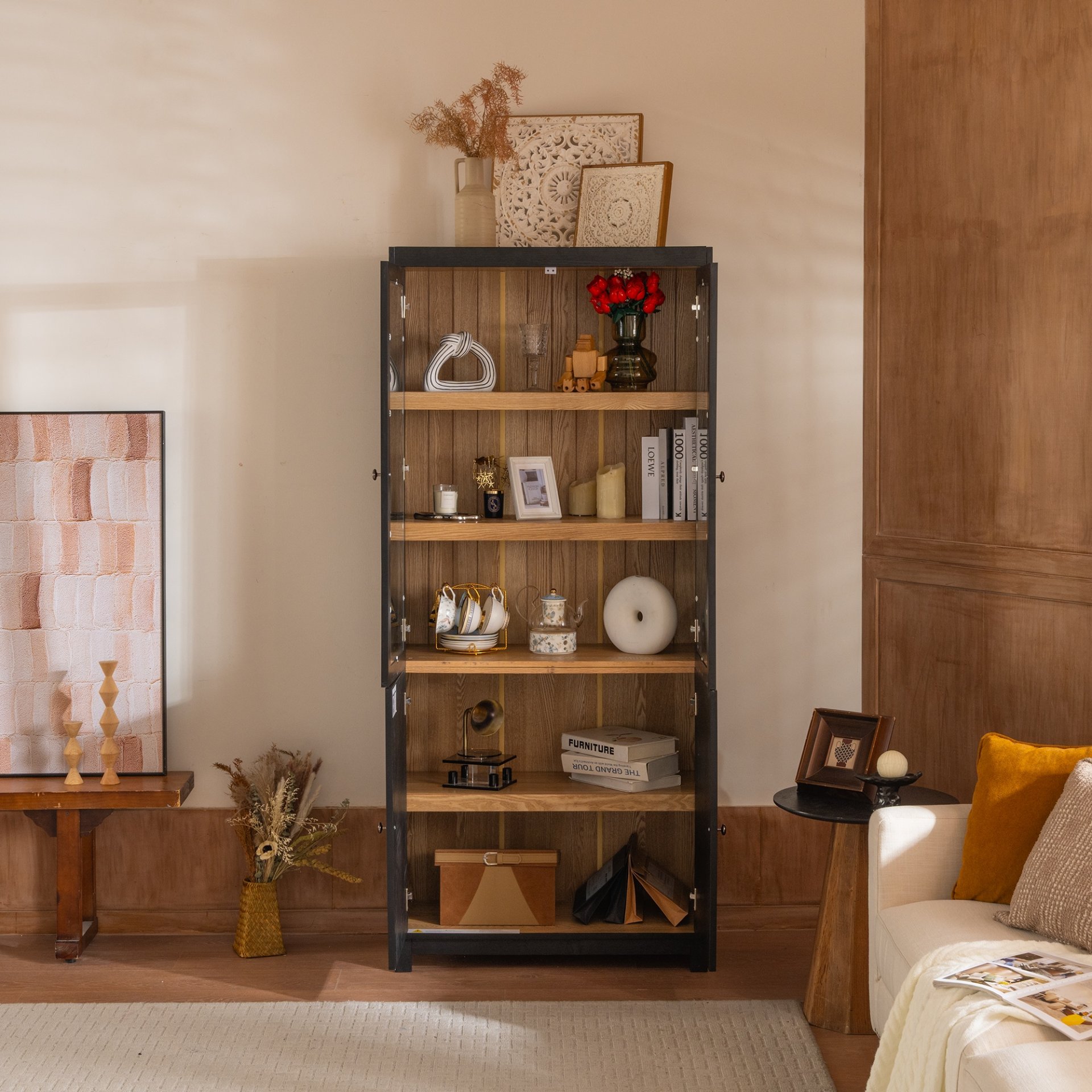 Mid Century Modern Style Tall Display Cabinet With Glass Doors For Collectibles - Black - Image 5