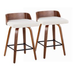 Maya - Mid-Century Modern Fixed Height Counter Stool / Swivel And Square Footrest (Set of 2) - Walnut / Cream
