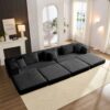 Oversized Upholstered Sectional Sofa Couch Set, Modular L Shaped Floor Sofa Set With 6 Pillows For Living Rooms - Black - Image 8