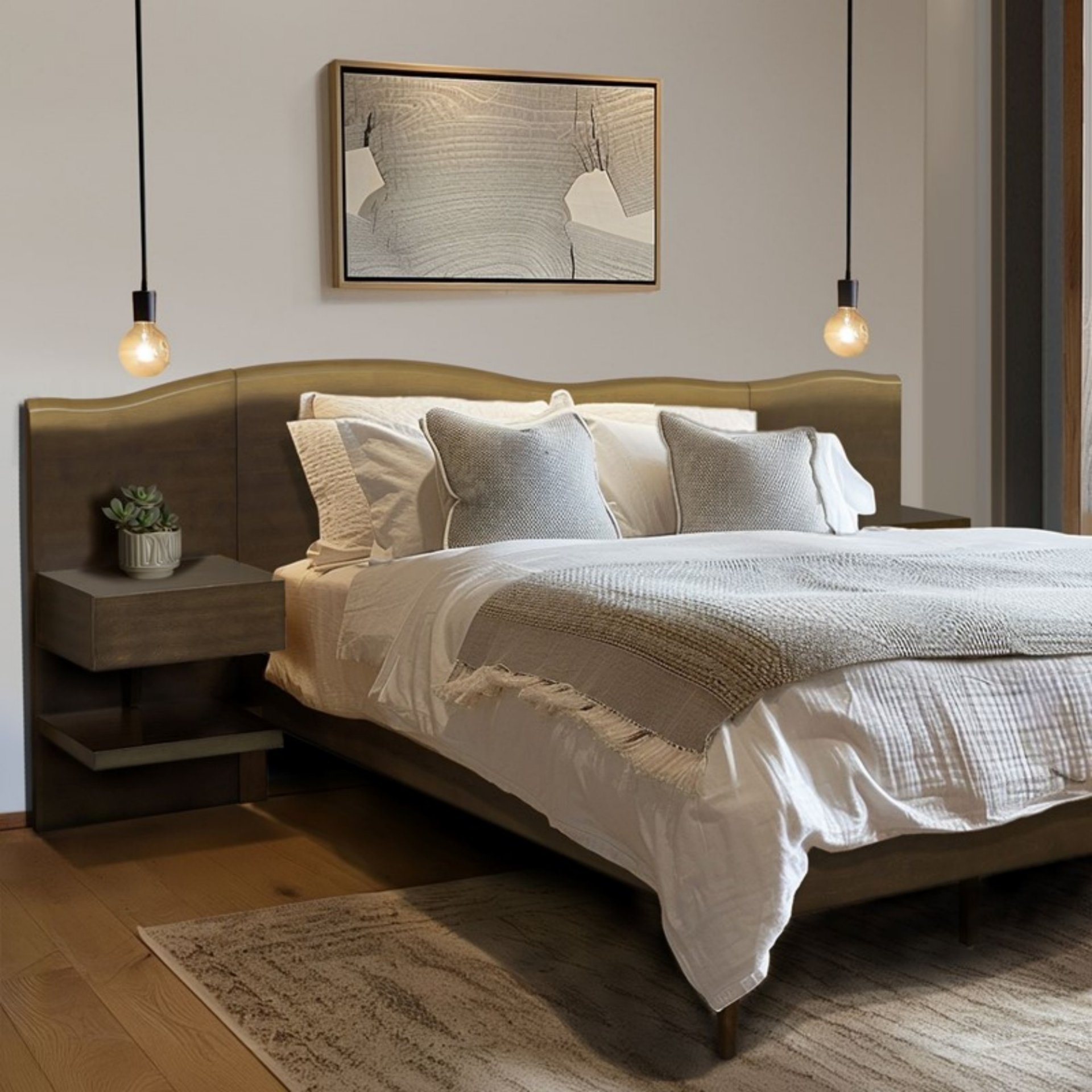 Queen Size Platform Bed Frame With Live Edge Headboard, Built In Nightstands - Dark Brown - Image 5