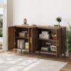 Grille Striped Sideboard Buffet Cabinet With Storage, Multifunctional Accent For Dining Room, Living Room - Walnut - Image 5