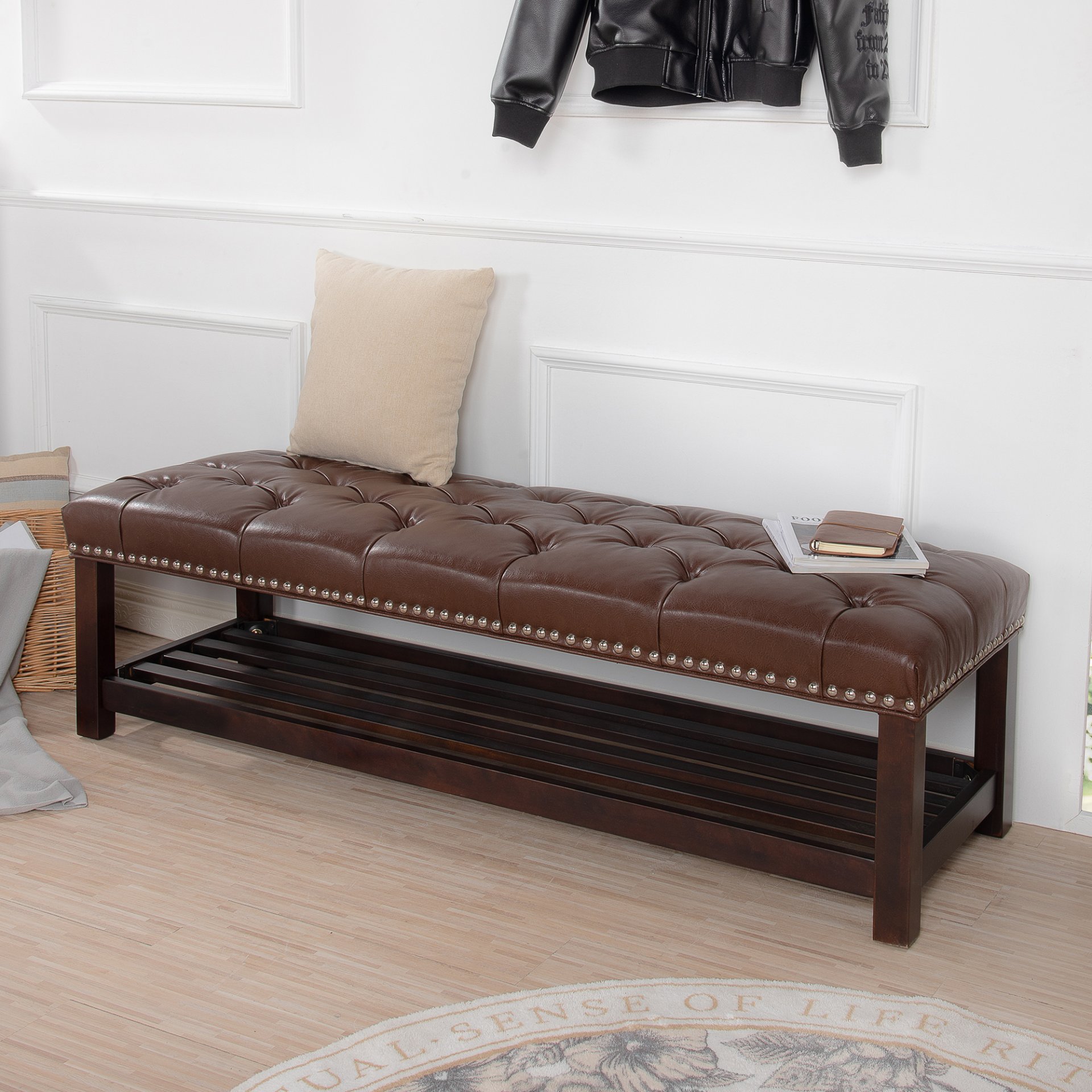 Bedroom End Of Bed Bench Tufted Upholstered End Of Bed Bench End Of Bed Entrance Shoe Bench, 60" With Nailhead Trim And Shelf Bedroom Upholstered Leather Bench Living Room Shoe Rack Footstool - Dark Brown - Image 6
