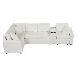 Modular L Shaped Convertible Sofa Bed With Pull Out Bed, Cup Holders & Storage - White