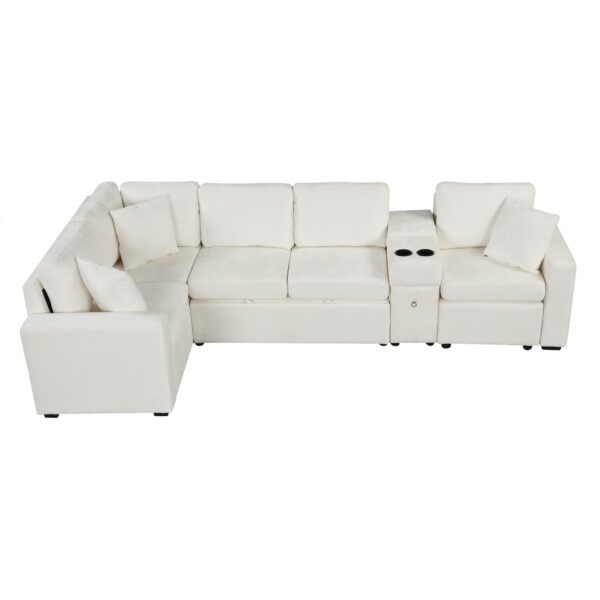 Modular L Shaped Convertible Sofa Bed With Pull Out Bed, Cup Holders & Storage - White