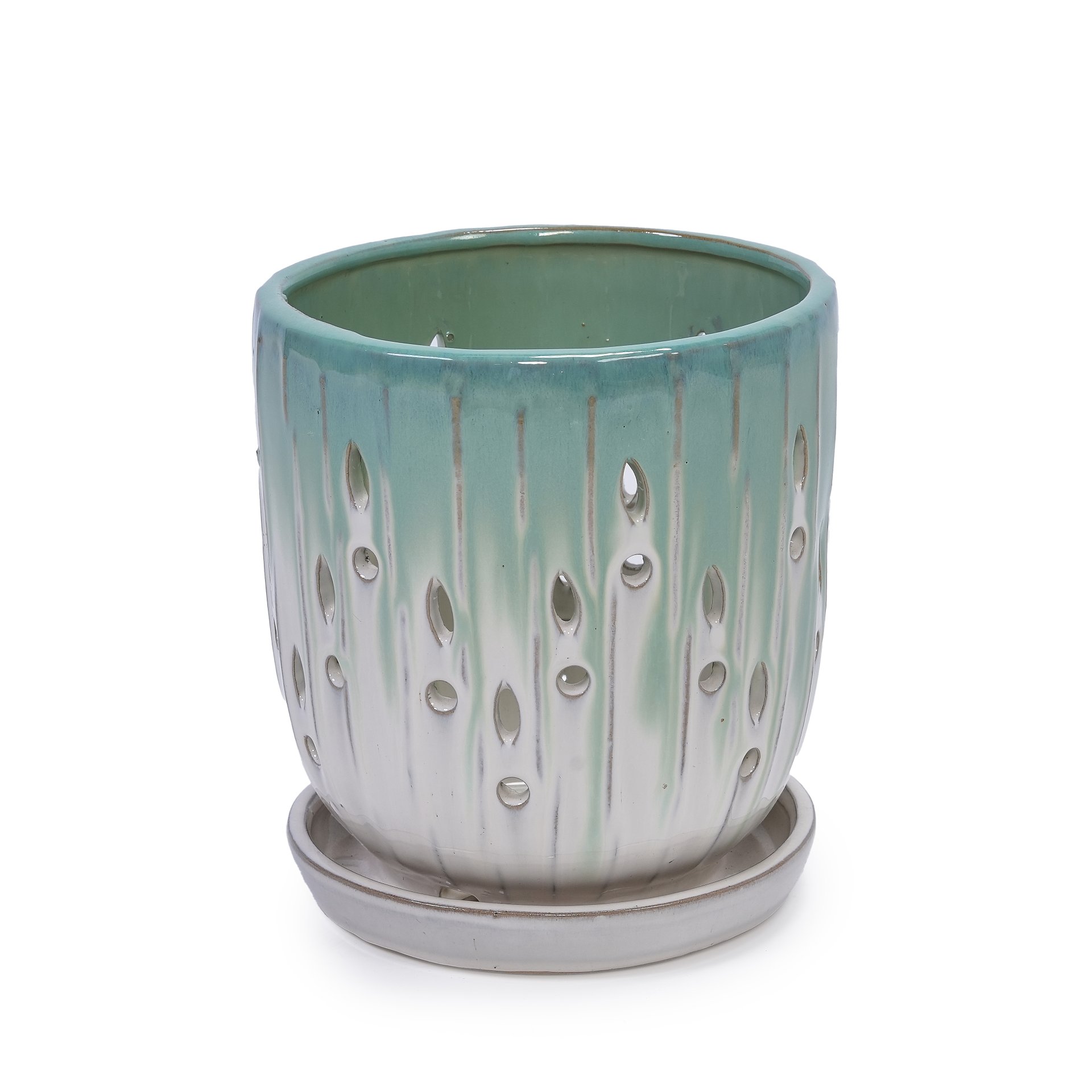 Ceramic Flowerpot With Drainage Hole, 8" Planter For Patio, Garden, Windowsill (Set of 2) - White / Green - Image 6