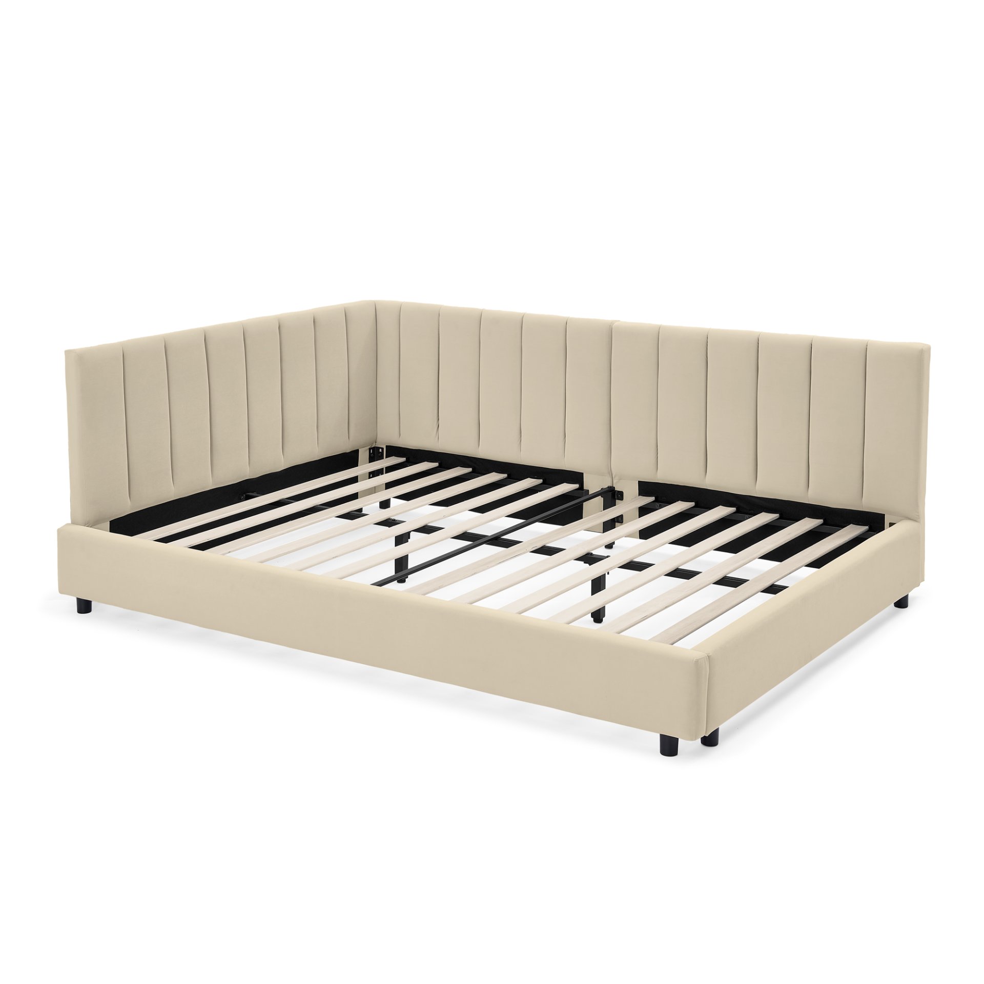 Mid Century Velvet Upholstered Full Size Tufted Bed Frame With Backrest And Armrests - Beige - Image 9
