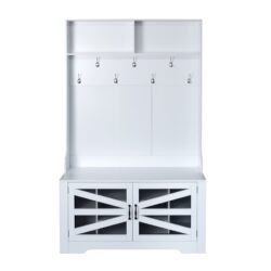 Entryway Bench With Coat Rack, 3 In 1 Design And Adjustable Shelves, Hall Tree With 7 Hooks For Entrance, Living Room - White