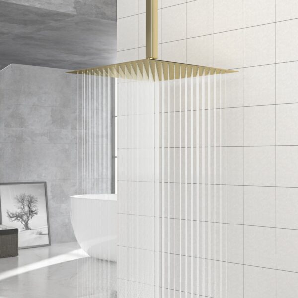 16" Square Stainless Steel Rainfall Shower Head Wall / Ceiling Mount With Self Cleaning Nozzles & Full Coverage Design - Gold