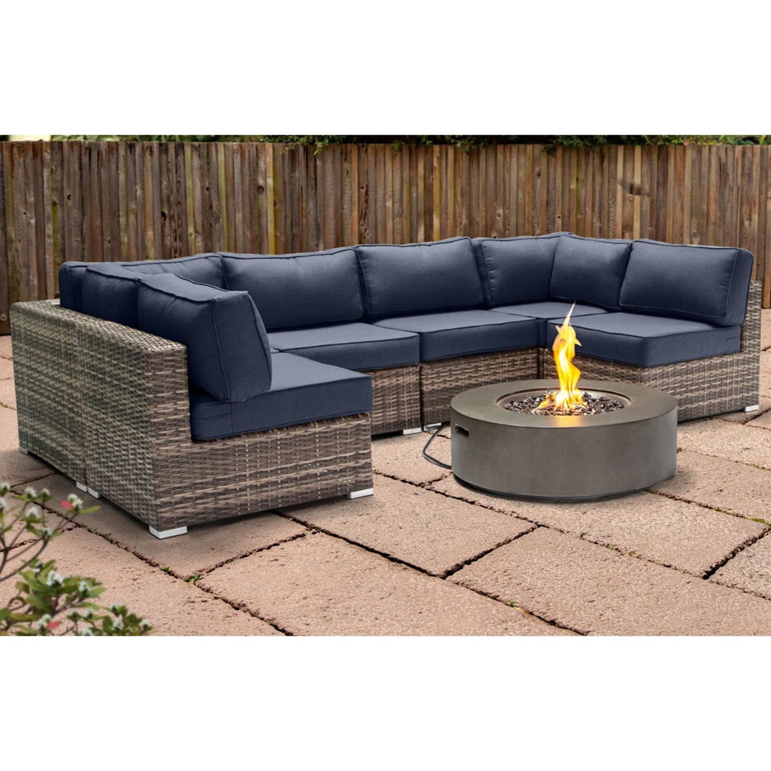 Outdoor 7 Piece Sectional Seating Group With Cushions And Fire Pit - Gray / Navy - Image 7