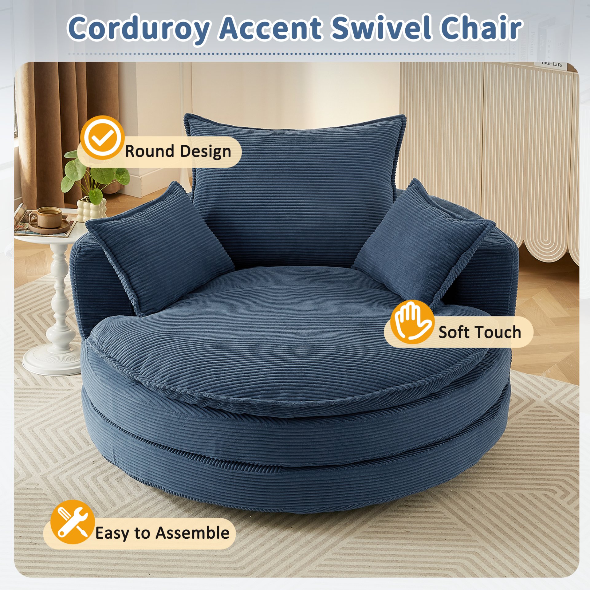 Modern 360° Swivel Sofa Chair With Dual Layer Cushion And Removable Pillows - Blue - Image 7