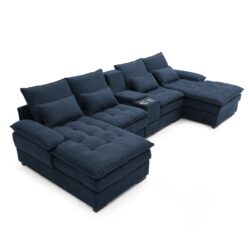 Upholstered U Shaped Sofa With Console And Cupholders - Blue