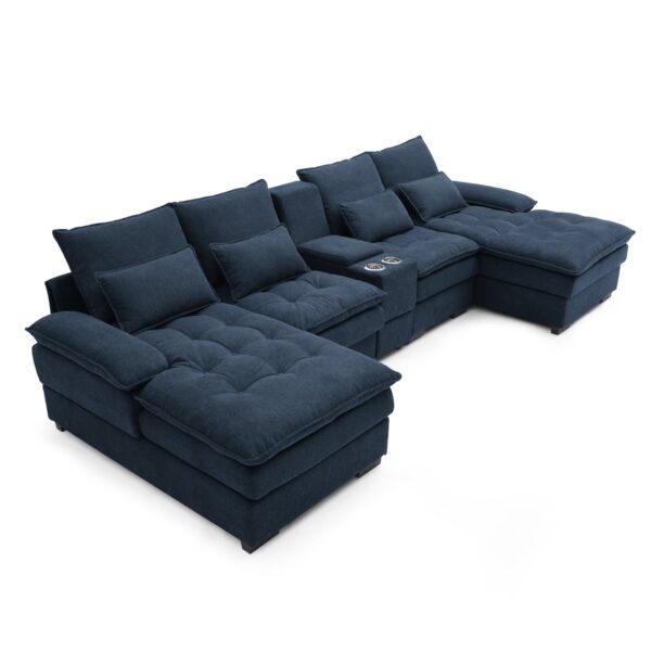 Upholstered U Shaped Sofa With Console And Cupholders - Blue