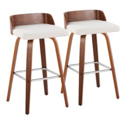 Maya - Mid-Century Modern Fixed Height Barstool With Swivel With Square Footrest (Set of 2) - Walnut / Cream
