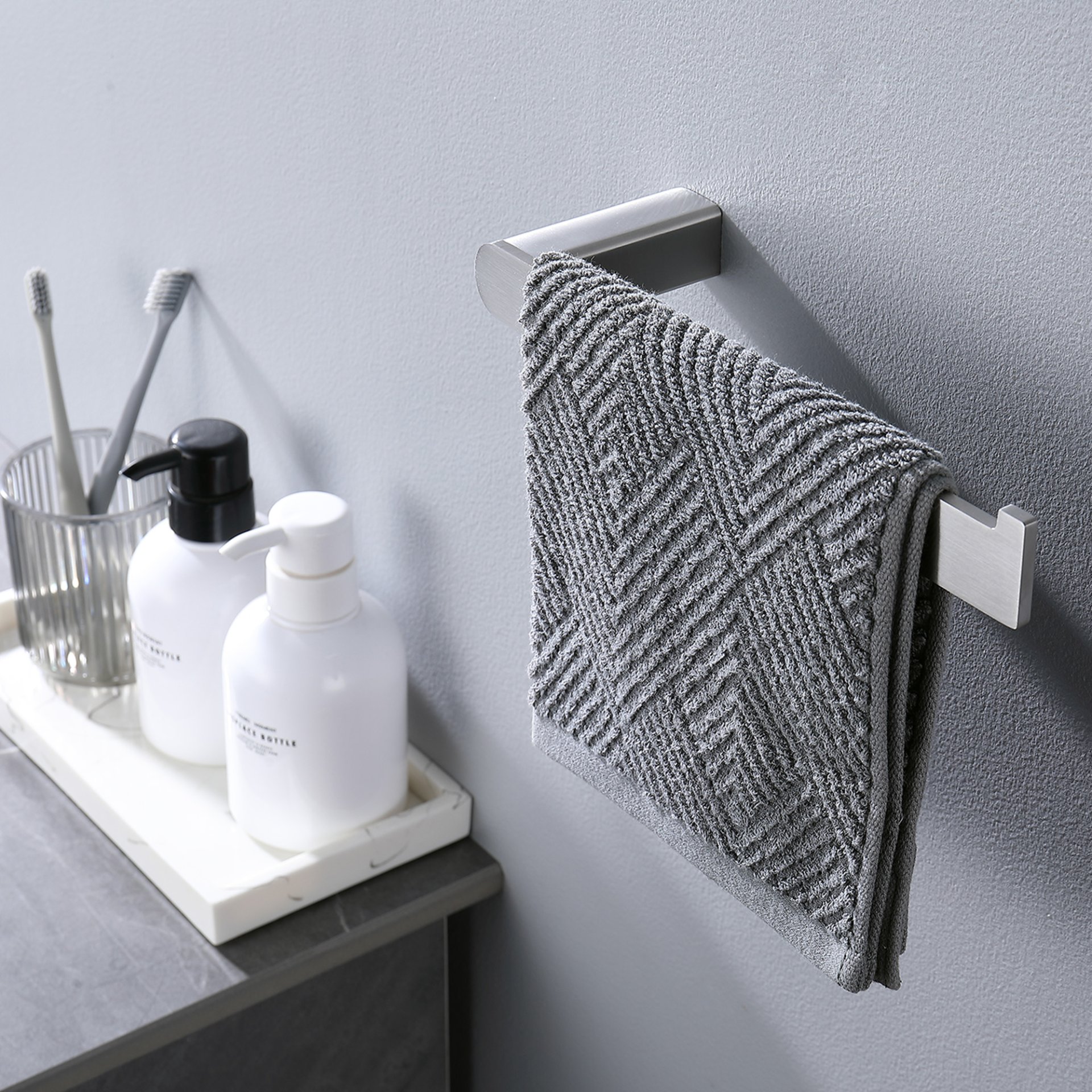 Modern Wall Mounted Bathroom Hardware Set With Robe Hook, Towel Rail, And Tissue Paper Holder - Brushed Nickel - Image 6