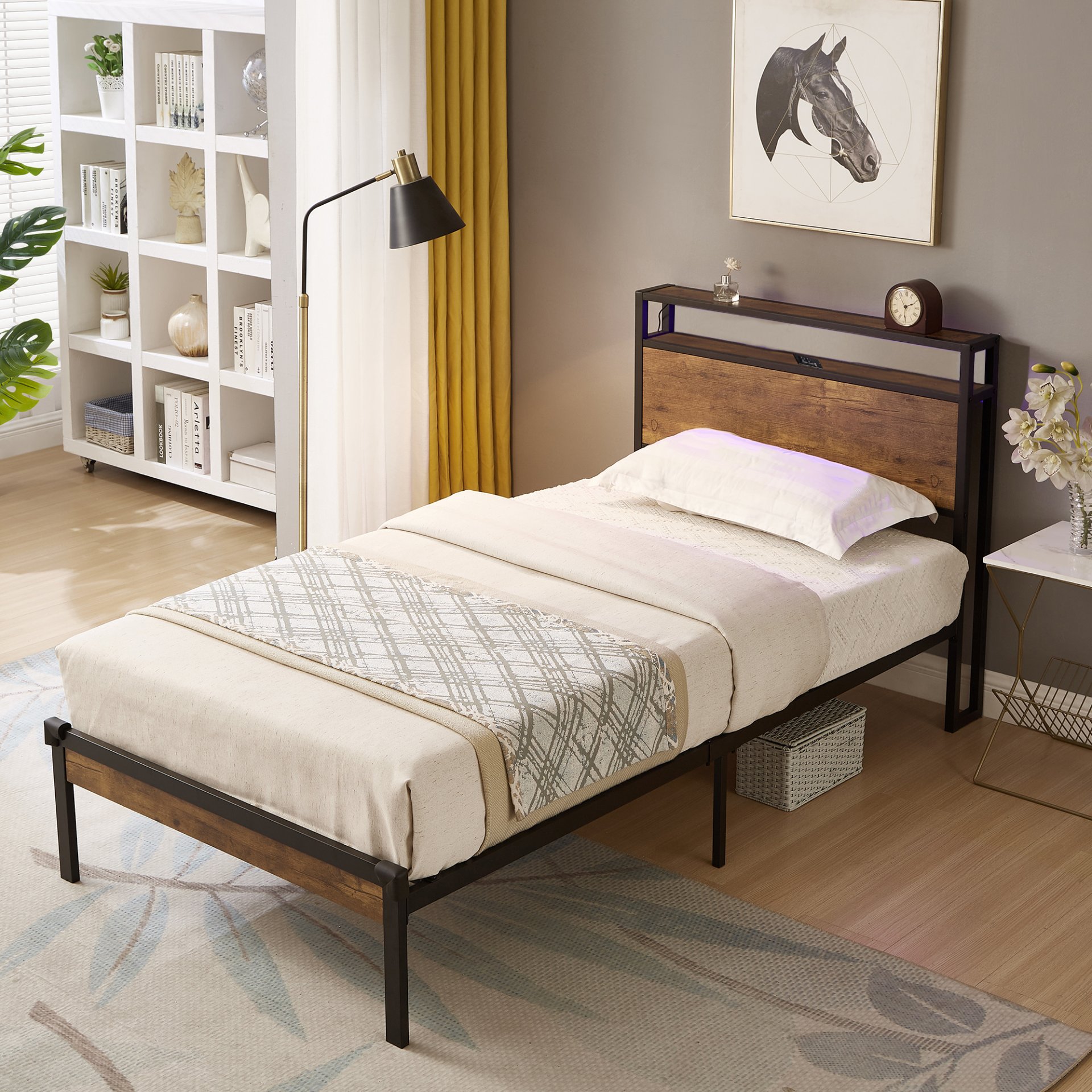 Twin Size Metal Platform Bed Frame With Wooden Headboard And Footboard With USB Liner, No Box Spring Needed, Under Bed Storage - Brown - Image 2