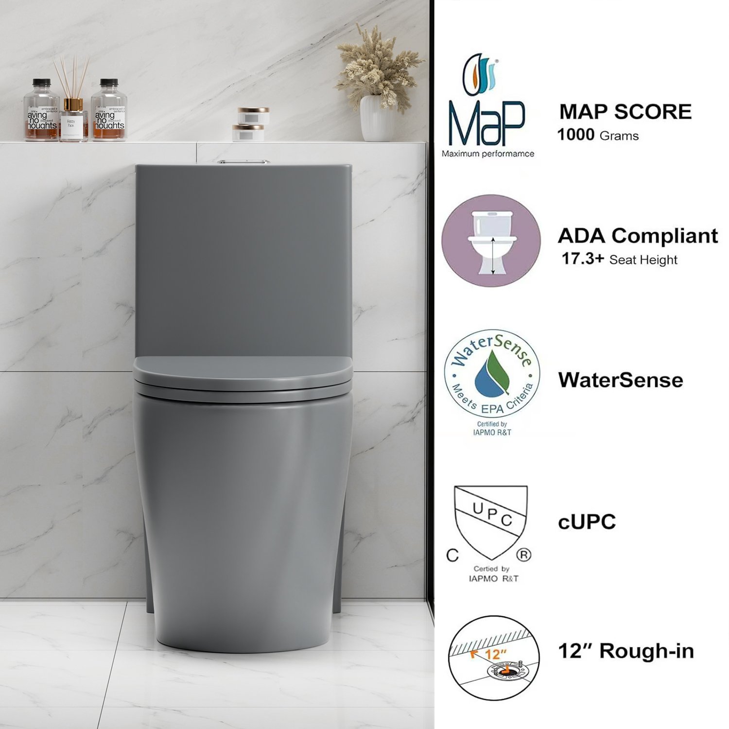 1 Piece Tornado Flush Toilet With Soft Close Seat And Dual Flush Siphonic S Trap - Light Gray - Image 8
