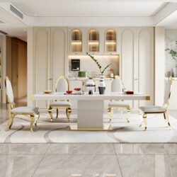 Top Dining Table With Gold Finish Corner, Pillar And Gold Finish Stainless Steel Base - White
