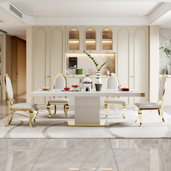 Top Dining Table With Gold Finish Corner, Pillar And Gold Finish Stainless Steel Base - White