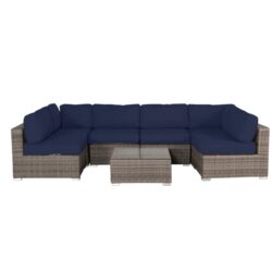 6 Person Outdoor Sofa Set With Premium Cushions, All Weather Wicker - Dark Blue / Gray Mix