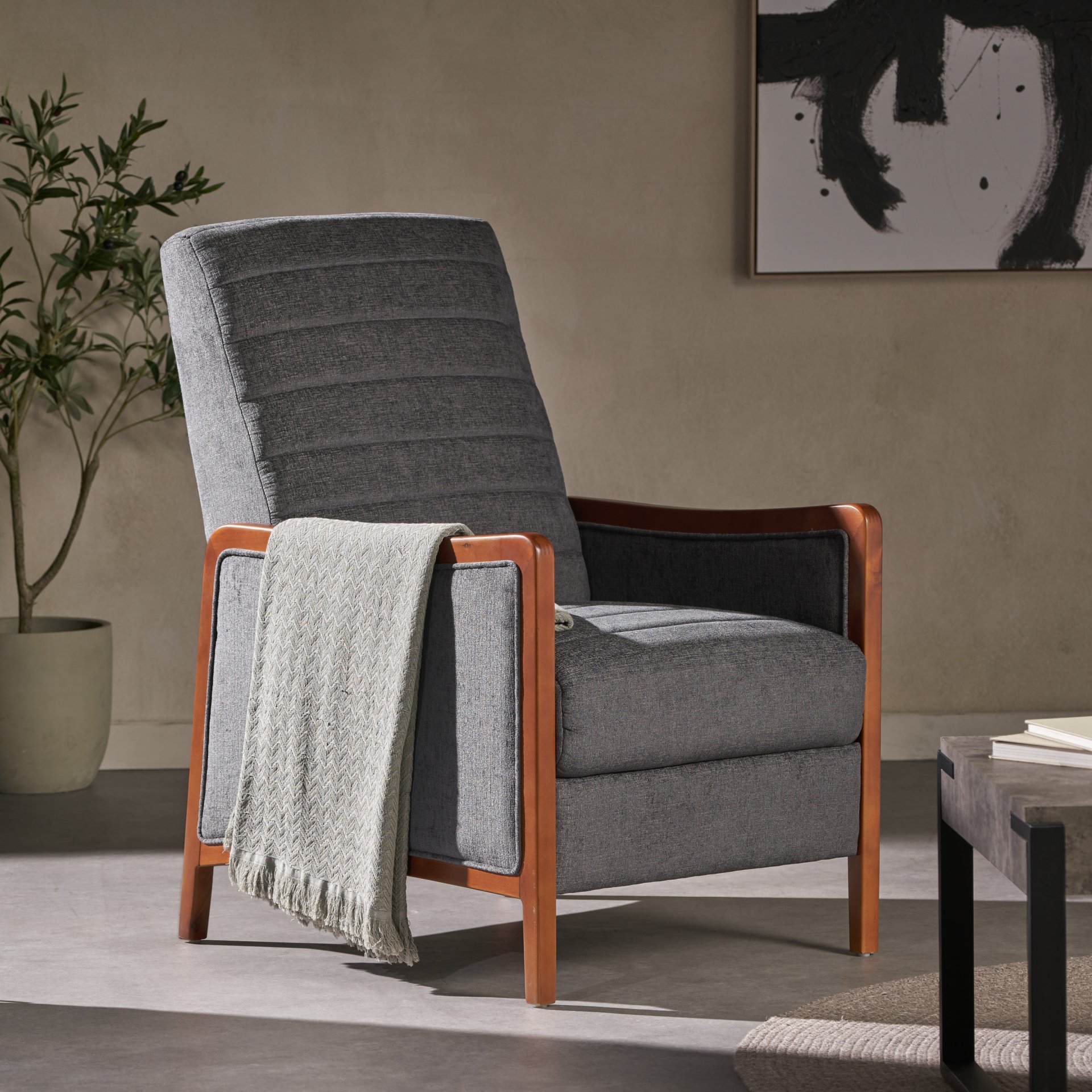 Mendota - Mid Century Modern Fabric Channel Stitch Wood Pushback Recliner - Gray - Image 4