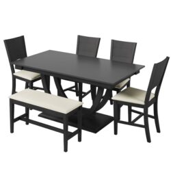 Topmax - 6 Piece Wood Half Round Dining Table Set Kitchen Table Set With Long Bench And 4 Dining Chairs, Modern Style - Gray