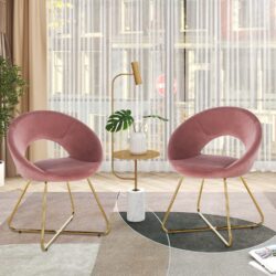 Modern Accent Velvet Chairs (Set of 2) Dining Chairs Single Sofa Comfy Upholstered Arm Chair Living Room Furniture Mid-Century Leisure Lounge Chairs With Golden Metal Frame Legs - Pink