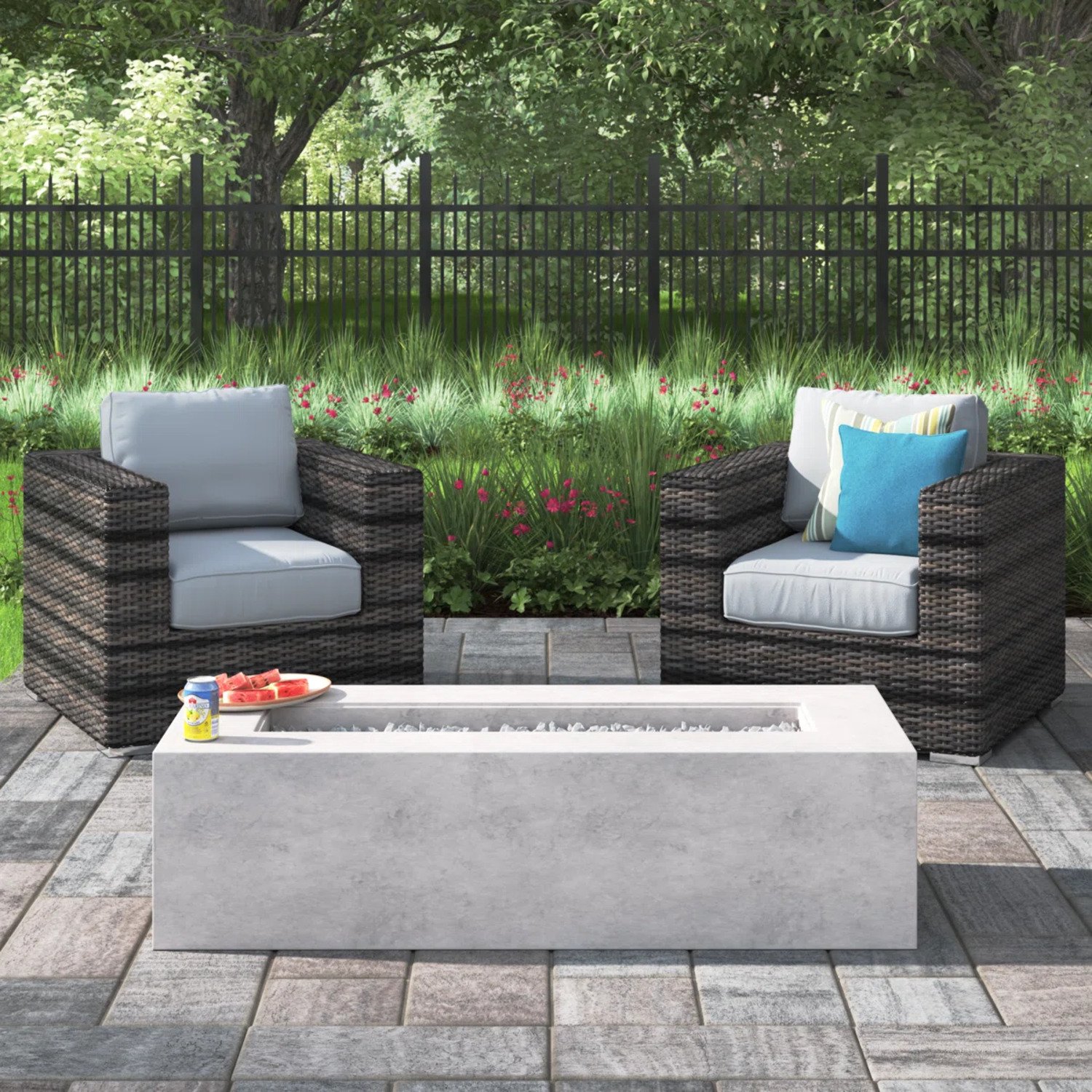 Outdoor Rattan Wicker Seating Set With Cushions 2 Person Patio Furniture - Espresso / Gray - Image 2