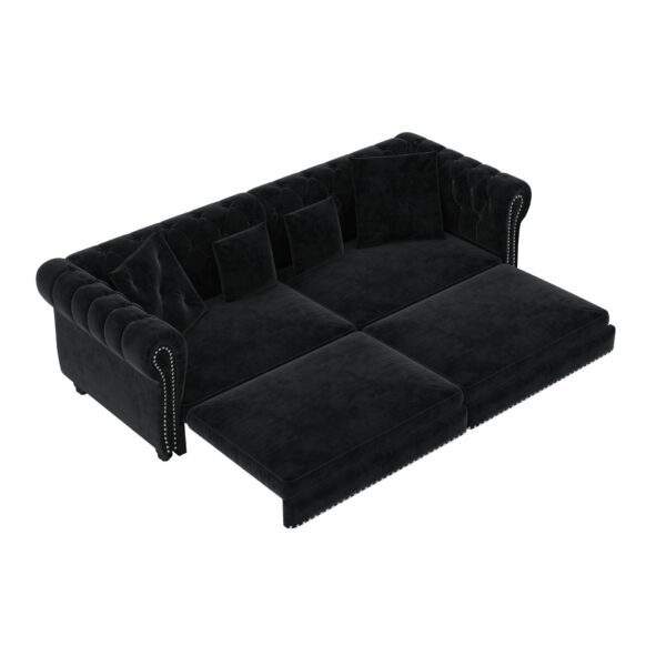 3 In 1 Pull Out Sofa Bed, Convertible Sleeper Sofa Bed, King Size Sofa Bed, Chaise Lounge, Velvet T3 Seater Sofa With Movable Ottoman, Tufted Design - Black