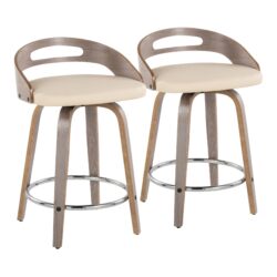 Cassis - Mid-Century Modern Fixed Height Counter Stool With Swivel With Round Footrest (Set of 2) - Light Gray / Cream