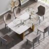 63" Artificial Stone Pandora White Curved Golden Metal Leg Dining Table, 6 People - Antique White / Gold - Image 4