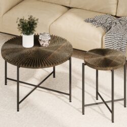 Radial - Pattern Coffee And End Table Set Waterproof Cover, Distressed Cylindrical Design, Legs Classic Rustic Charm (Set of 2) - Walnut Brown