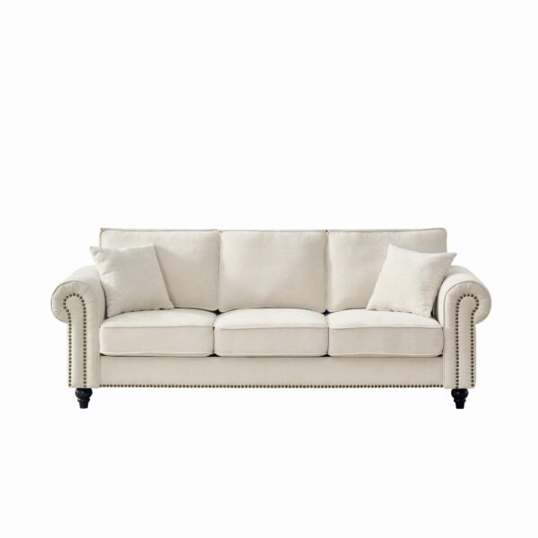 3 Seater Sofa With Rolled Arms And Nailhead Trim Upholstered Couch - Beige