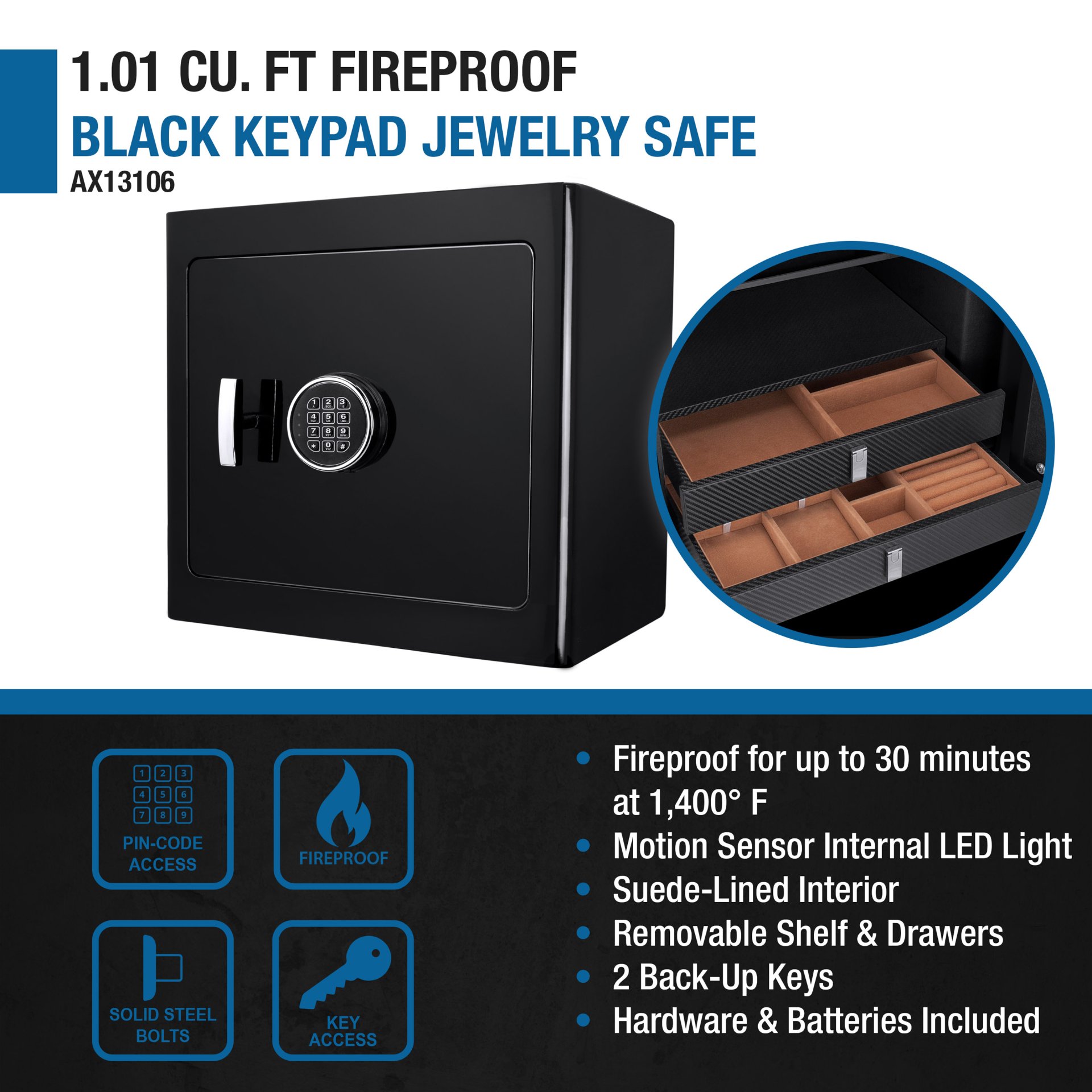 1.01 Cubic Ft Jewelry Safe V2 - Black - Image 8
