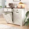 Barn Door Double Tilt Out Trash Cabinet For 20 Gallon Cans With Free Standing Recycling And Laundry Storage - Brown / Antique White - Image 2