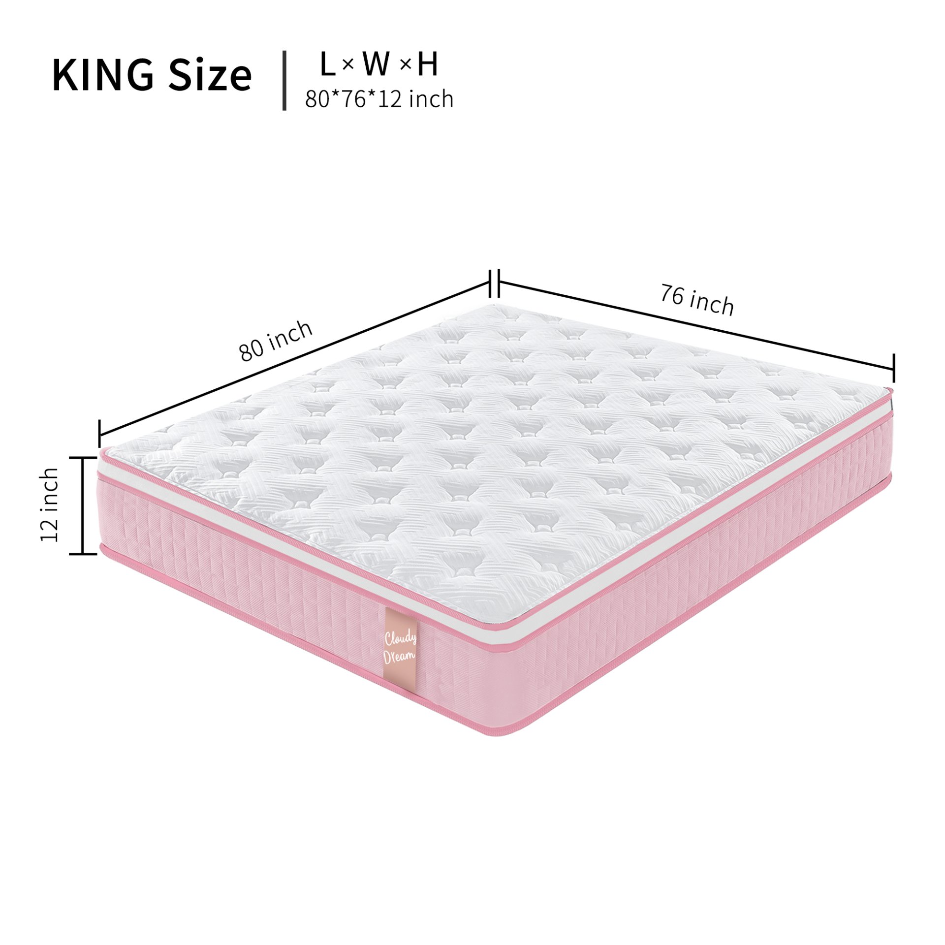 12" King Size Hybrid Mattress With Individual Pocket Spring Comortable Memory Foam - Pink - Image 8