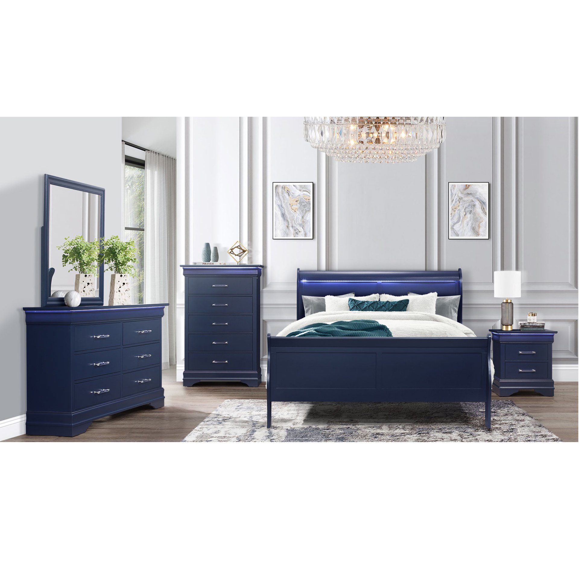Charlston - Queen Sleigh Bedroom 5 Piece Set With LED Headboard - Blue - Image 7