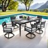 7 Pieces Modern Outdoor Patio Dining Set, Rectangular Dining Table, 6 Swivel Rockers With Sunbrella Cushions - Ember Black - Image 2