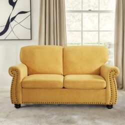 Soft Loveseat, Upholstered 2 Seater Couch, Loose Back Cushions And Turned Legs - Mustard Yellow