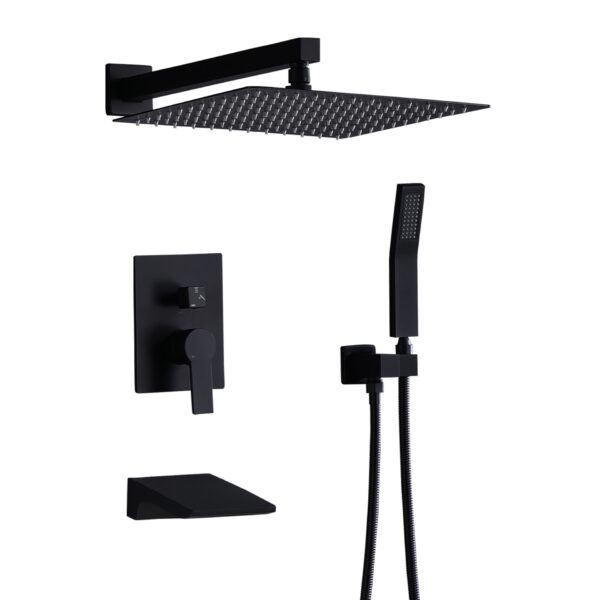 All Metal Tub Shower Faucet Set With 12" Rain Shower Head And Handheld Spray Combo, Wall Mounted - Matte Black