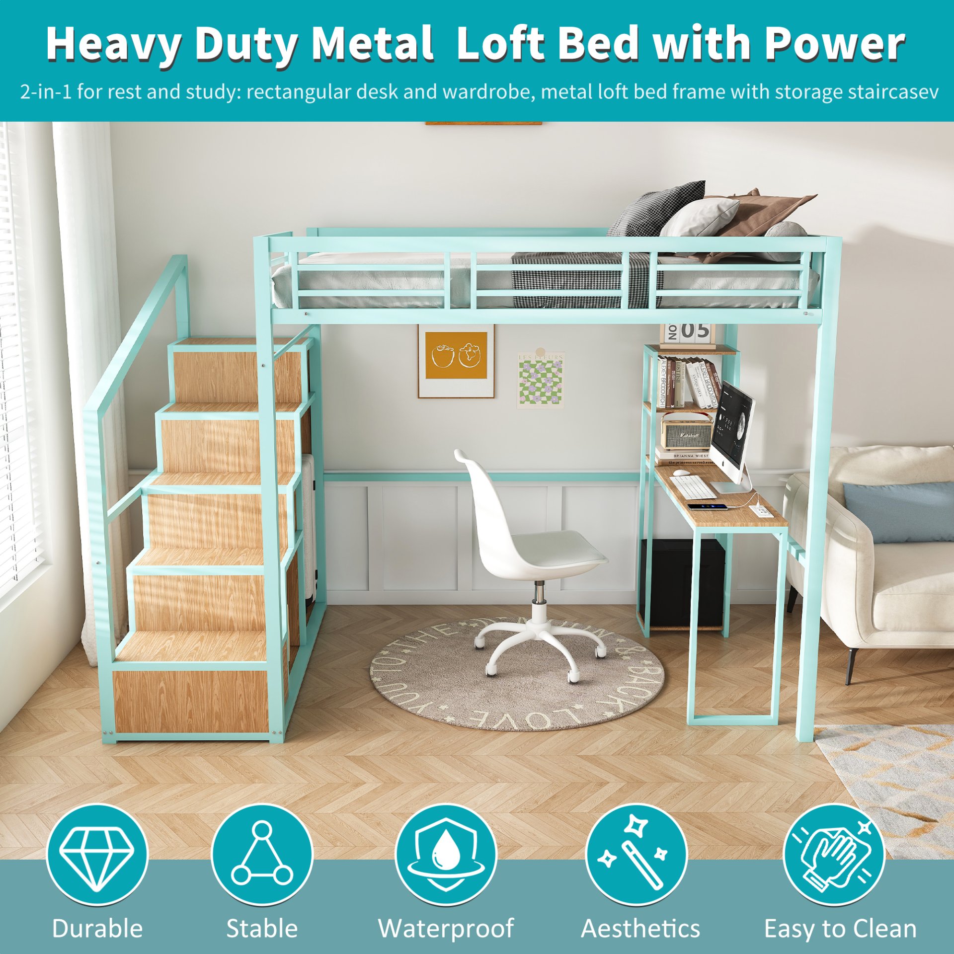 Heavy Metal Frame Full Loft Bed With Desk & Storage, 4 Cabinets, Staircase, Rack Space Saver - Green - Image 9