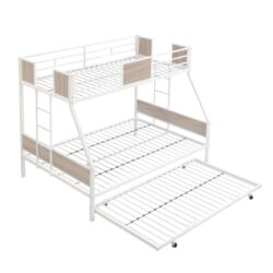 Twin Over Full Metal Bunk Bed With Trundle, 2 Side Ladder, Guardrail - Brown / White Metal