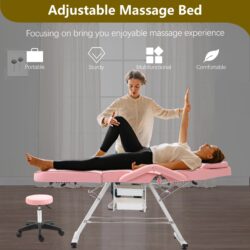 Massage Salon Tattoo Chair With Two Trays Esthetician Bed With Hydraulic Stool, Multi-Purpose 3-Section Facial Bed Table, Adjustable Beauty Barber Spa Beauty Equipment - Pink