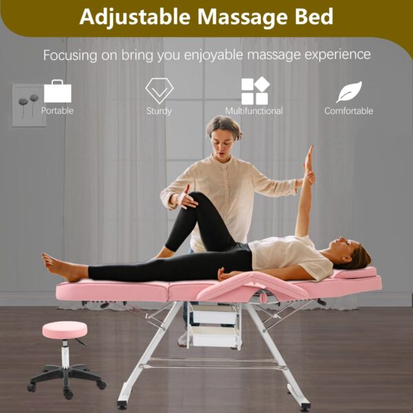 Massage Salon Tattoo Chair With Two Trays Esthetician Bed With Hydraulic Stool, Multi-Purpose 3-Section Facial Bed Table, Adjustable Beauty Barber Spa Beauty Equipment - Pink