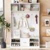 Hall Tree With 6 Hooks, Coat Hanger, Entryway Bench, 3 In 1 Design, A Spacious Drawer For Entrance, Living Room - White - Image 2