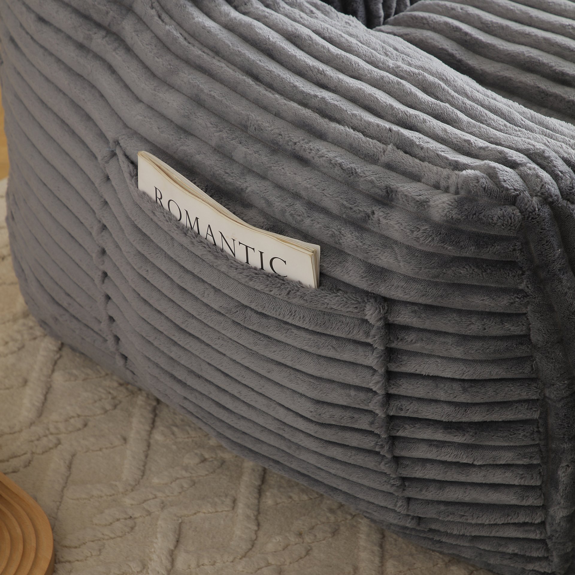Giant Plush Bean Bag Chair For Adults With Armrests And Footstool, Comfy Corduroy Chaise Lounge - Gray - Image 7