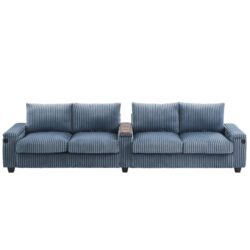 Modern 4 Seater Corduroy Sofa Couch With USB Ports, Hidden Storage, Flip Top Cup Holders - Blue